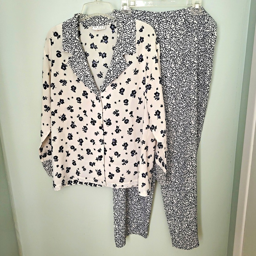 Josie By Natori 2 Pc Pajama large Loungewear Set Black Floral Scroll Polyester
